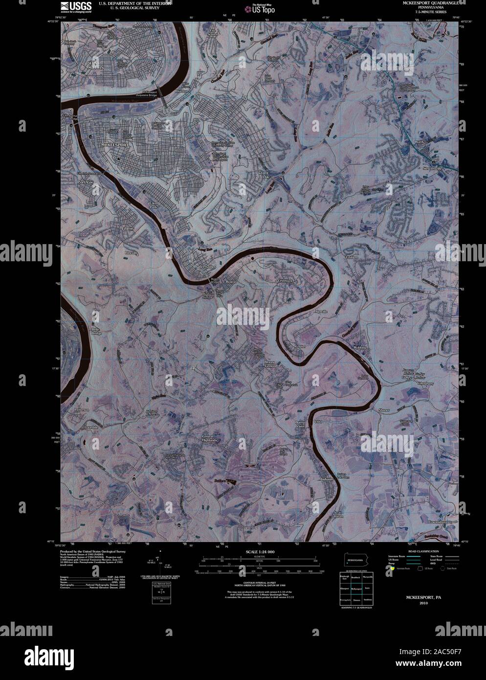 USGS TOPO Map Pennsylvania PA McKeesport 20100601 TM restauro invertito Foto Stock