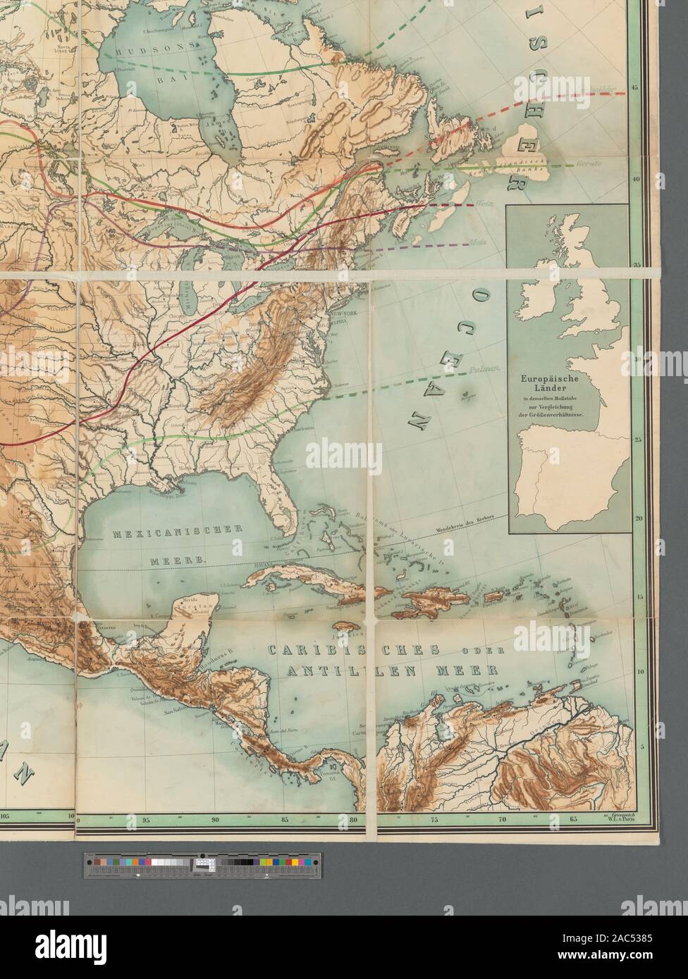 H Kiepert's physikalische Wandkarten rilievo indicato dall'ombreggiatura e tinte di gradiente. Mostra anche i limiti della vegetazione generalizzato delle zone. Primo meridiani: Ferro, Parigi e Greenwich. Inserie: Politische Übersicht -- Europäischer Besitz auf den Kleinen Antillen -- Europäische Länder in demselben Massstabe zur Vergleichung der Grössenverhältnisse. Scala 1: 8.000.000 (E 168°--W 2°/N 83°--N 1°) La mappatura della nazione (borsa di NEH, 2015-2018); H. Kiepert's physikalische Wandkarten Foto Stock