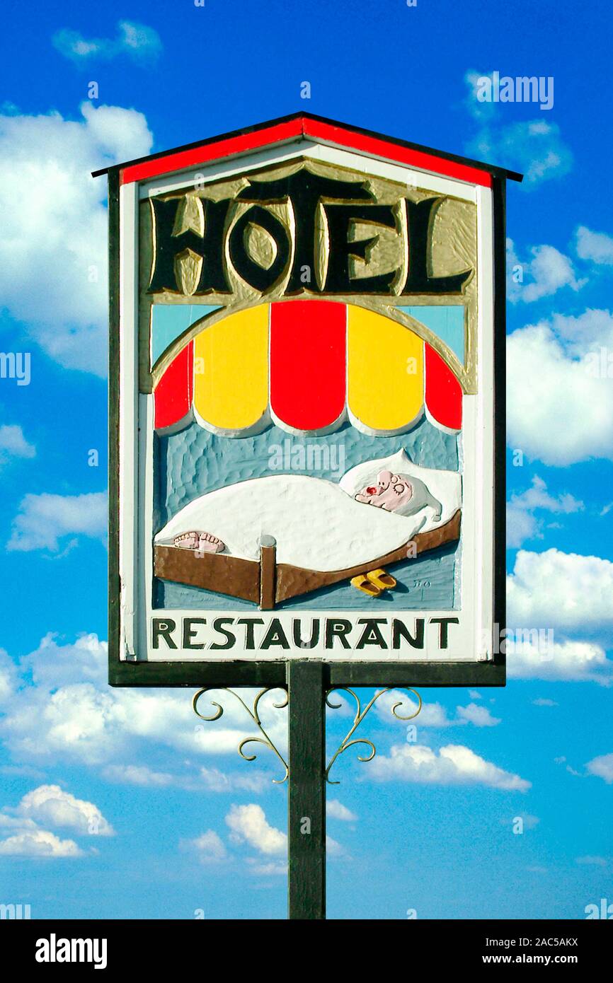 Lustiges Hotel- und Restaurantschild Foto Stock