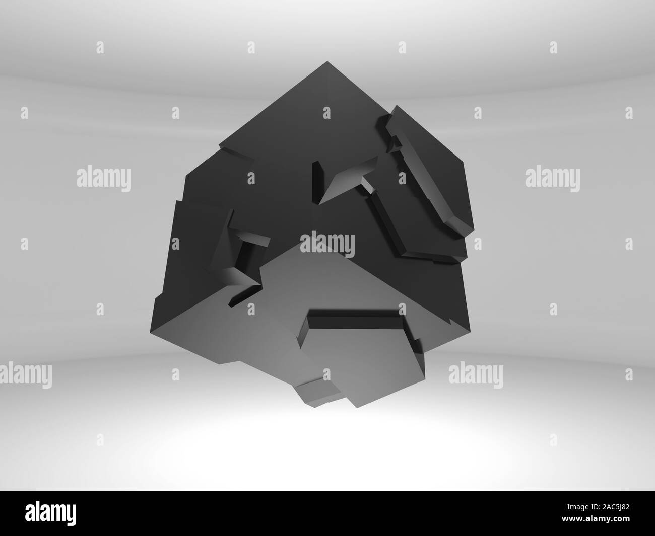 Abstract battenti oggetto cubo con frammentazione caotica è in un vuoto interno bianco, rendering 3D illustrazione Foto Stock