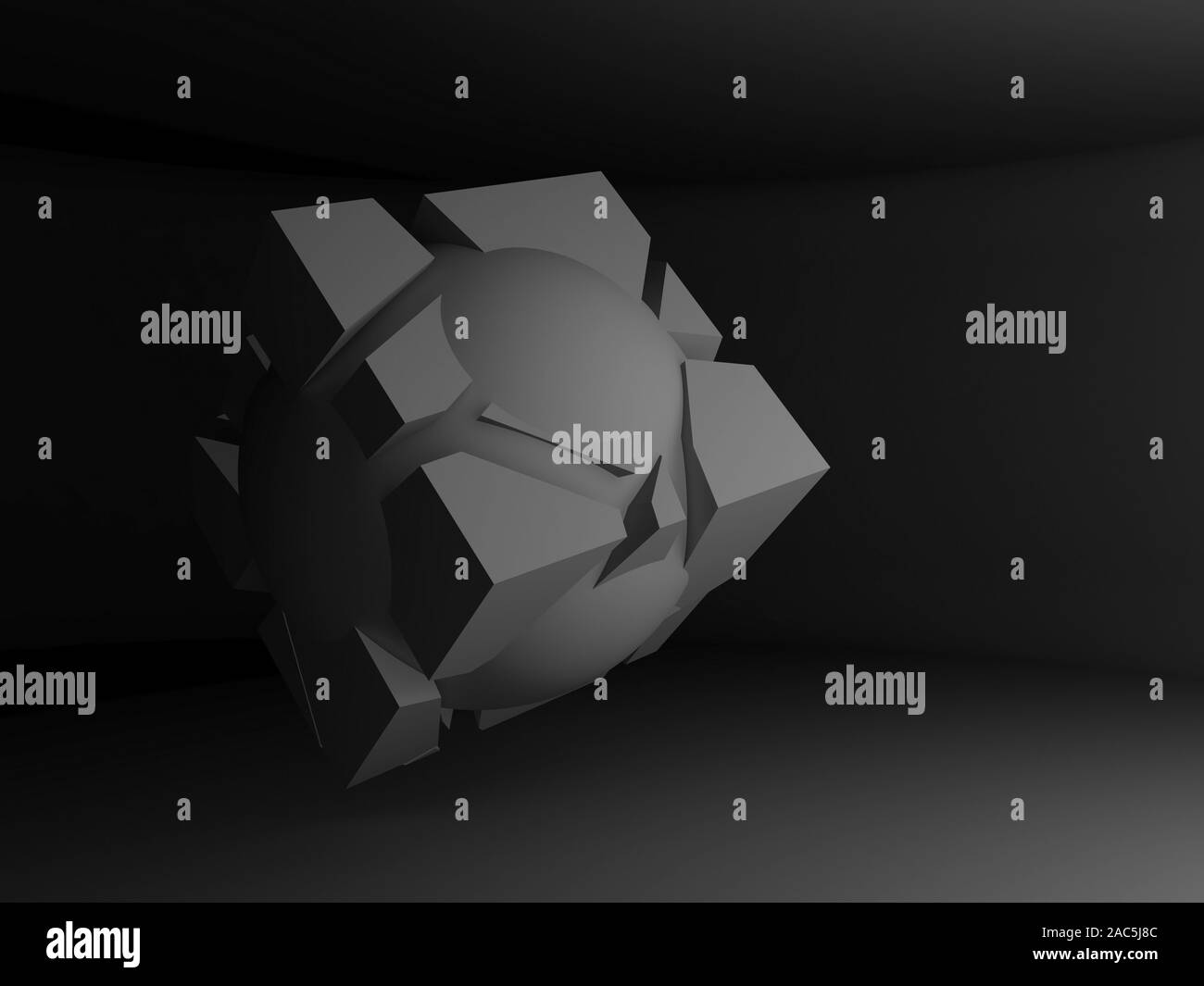 Abstract oggetto volante con frammentazione caotica è in un nero interno vuoto, rendering 3D illustrazione Foto Stock