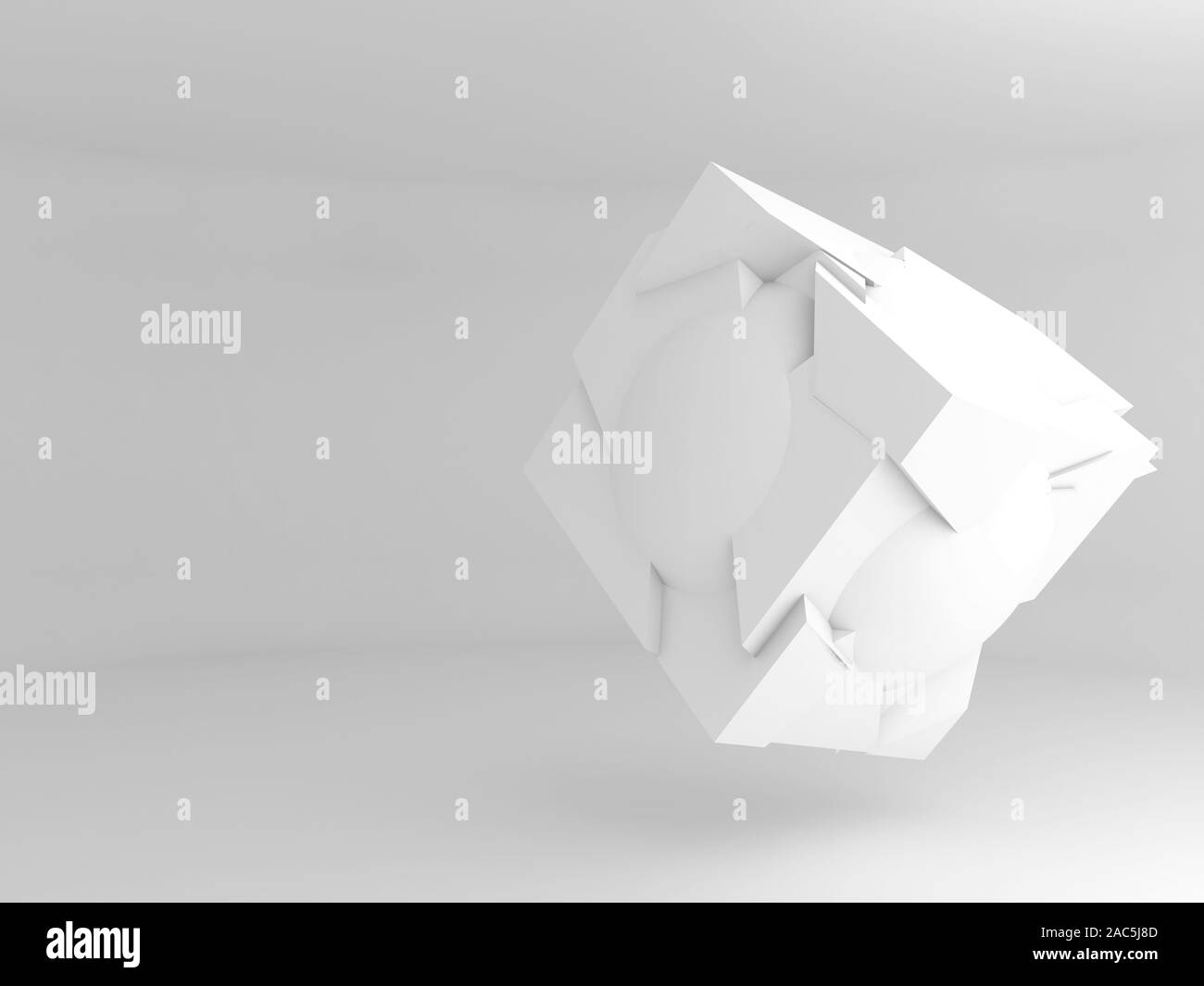 Abstract oggetto volante con frammentazione caotica è in un vuoto interno bianco, rendering 3D illustrazione Foto Stock