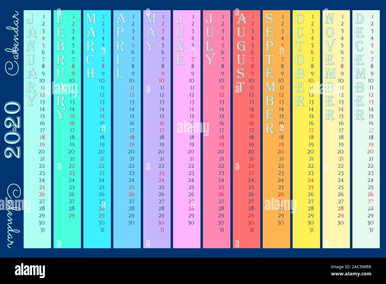 Rainbow parete verticale calendario design 2020, lingua inglese. Domenica e sabato sono evidenziate in rosso. Variopinto template vettoriale, 10 EPS per il web Illustrazione Vettoriale