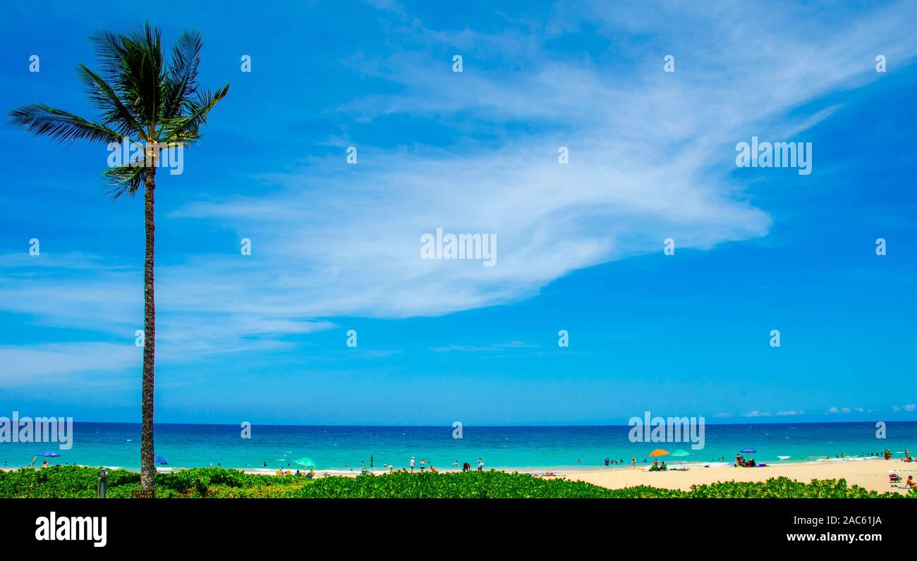 Ampia vista del Hapuna Beach, lungo la Big Island delle Hawaii costa Kohala. Questa spiaggia di sabbia bianca è stata considerata una delle migliori spiagge del mondo ti Foto Stock