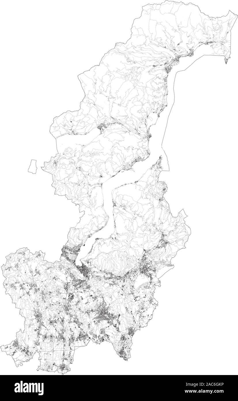 Mappa satellitare della provincia di Como, città e strade, edifici e strade di collegamento delle aree circostanti. Lombardia, Italia. Mappa strade, strade ad anello Illustrazione Vettoriale