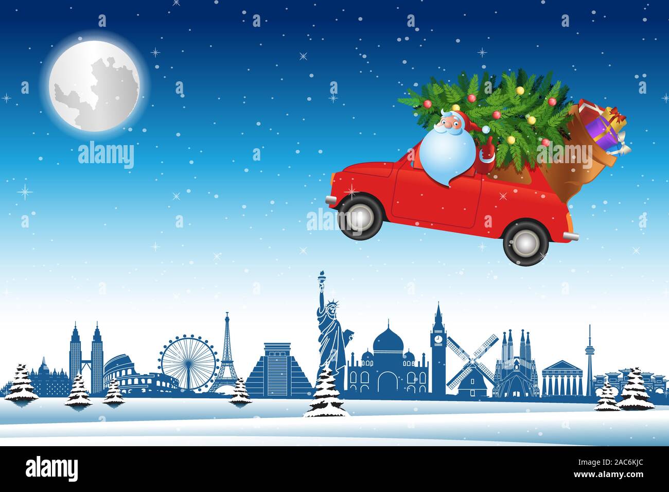 Santa Claus guidare auto rossa volare oltre i punti di riferimento del mondo attraverso la neve con albero di Natale per inviare regali a tutti,illustrazione vettoriale Illustrazione Vettoriale