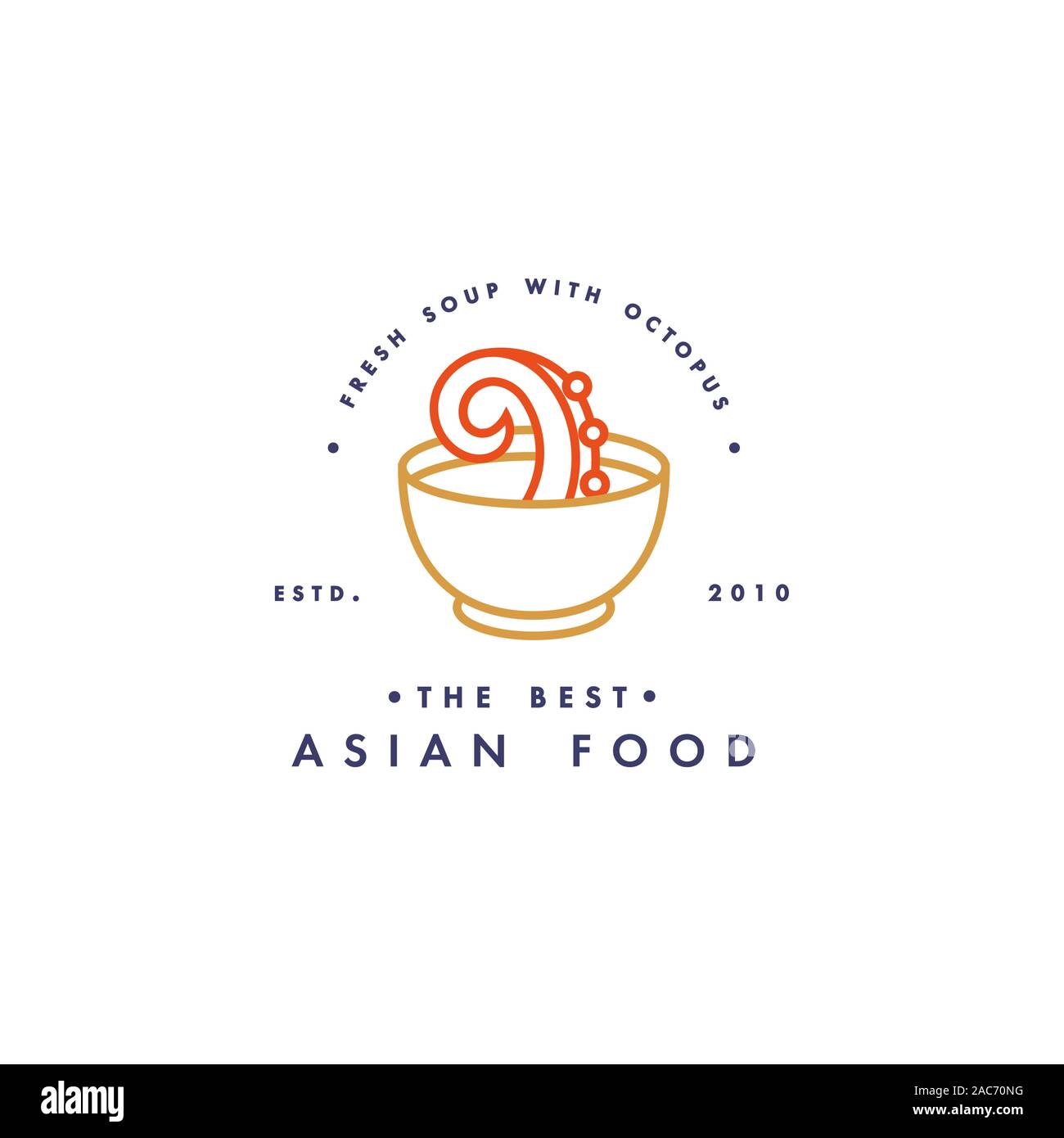 Vector logo design template ed emblema o badge. Cibo asiatico - Zuppa di octopuc. Loghi lineare, dorata e colori rosso. Illustrazione Vettoriale
