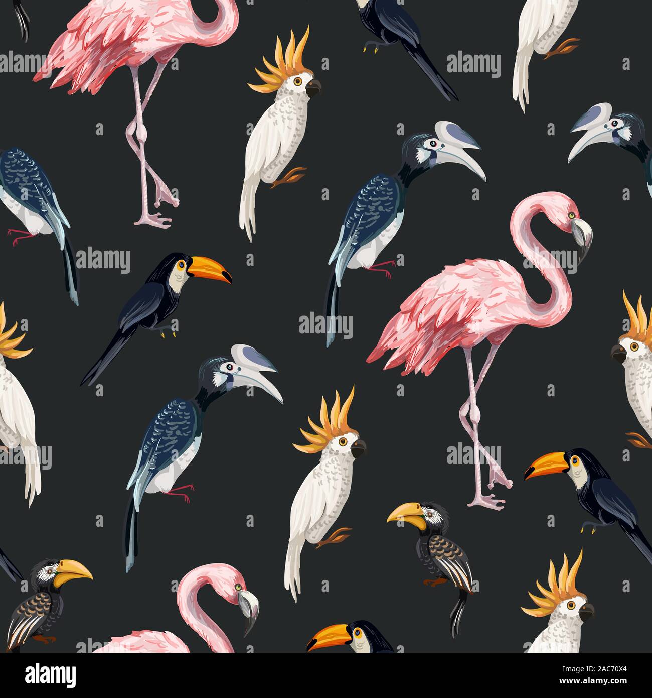 Modello senza cuciture con junngle bird come flamingo, Parrot, toucan. Vettore. Illustrazione Vettoriale