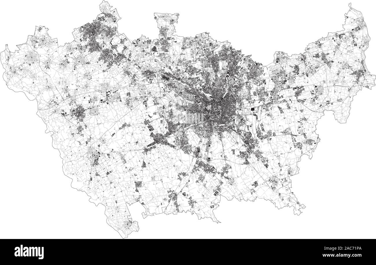 Mappa satellitare della provincia di Milano, città e strade, edifici e strade di collegamento delle aree circostanti. Lombardia, Italia. Mappa strade, strade ad anello Illustrazione Vettoriale