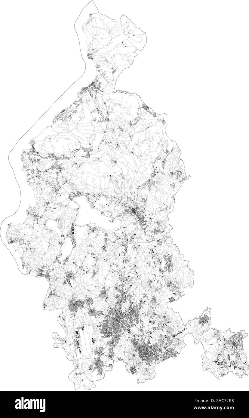 Mappa satellitare della provincia di Varese, città e strade, edifici e strade di collegamento delle aree circostanti. Lombardia, Italia. Mappa strade, strade ad anello Illustrazione Vettoriale