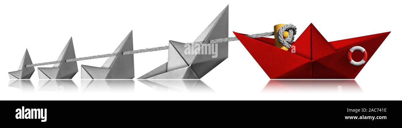 Salvataggio e concetto di Leadership, una carta di colore rosso barca della guardia costiera salvataggi di quattro barche di bianco che stanno sprofondando. Isolato su sfondo bianco Foto Stock