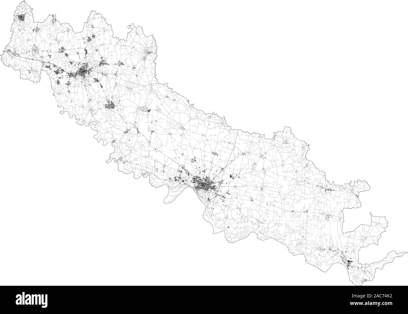 Mappa satellitare della provincia di Cremona, città e strade, edifici e strade di collegamento