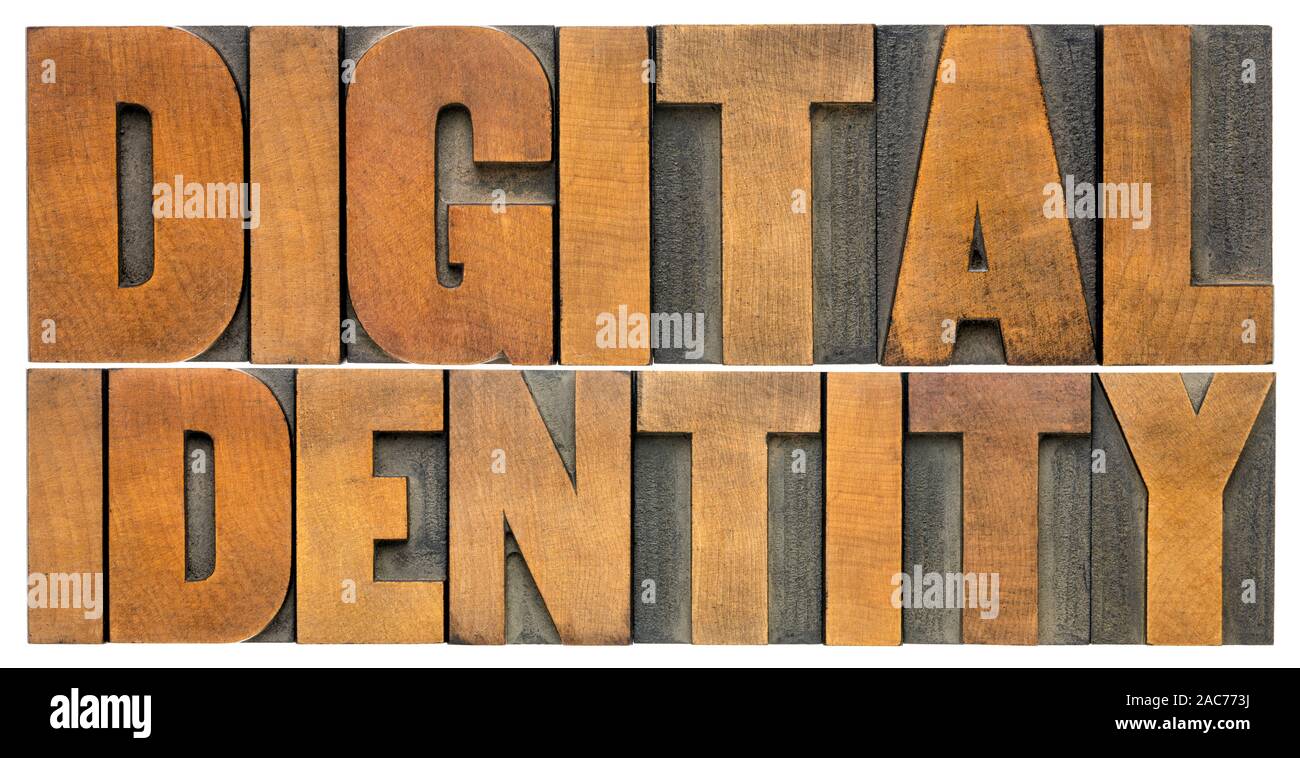 Identità digitale - parola abstract in rilievografia wood tipo isolato su bianco, social media e online il concetto di rete Foto Stock