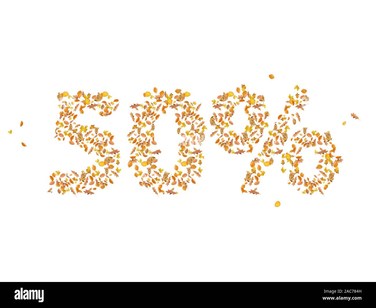 70% di sconto, vendita autunnale, retail, online, banner, poster, display, sfondo, cartolina, diverse foglie di autunno soffiando attraverso il cielo, il bianco è il colore Foto Stock