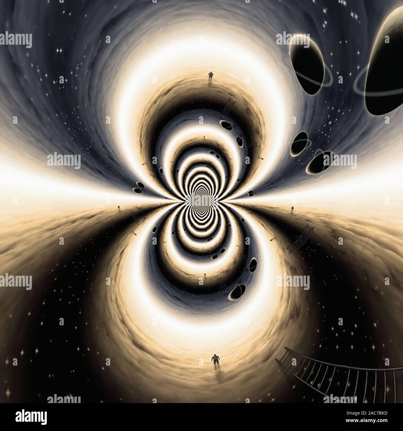 Surreale art. L uomo si aggira in uno spazio infinito. Pianeti e scaletta Foto Stock