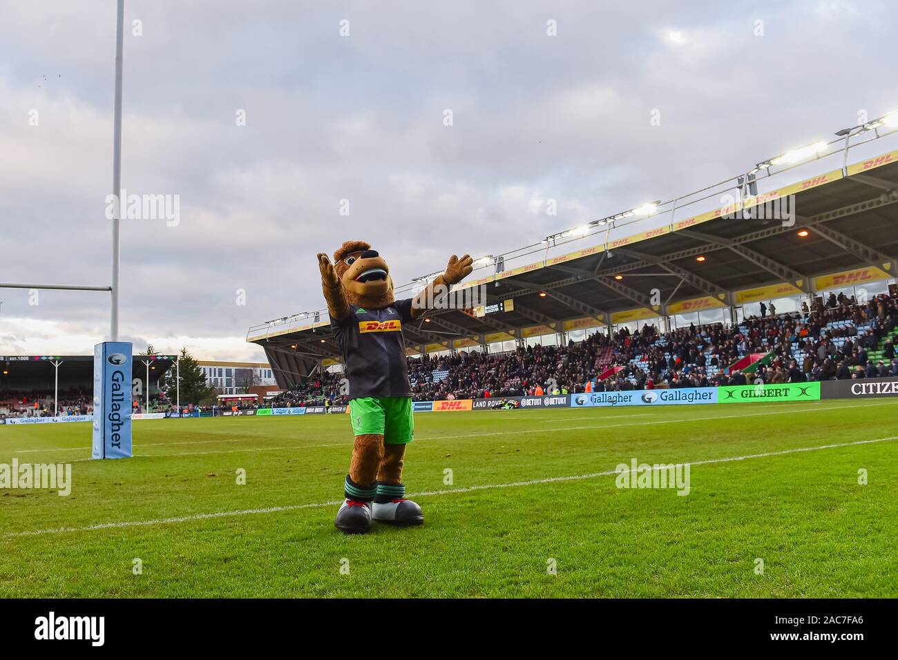 Londra, Regno Unito. 01 Dic, 2019. Gli Arlecchini mascotte intrattiene la folla durante la Premiership Rugby Cup match tra arlecchini e Gloucester a Twickenham Stoop Domenica, 01 dicembre 2019. Londra Inghilterra . (Solo uso editoriale, è richiesta una licenza per uso commerciale. Nessun uso in scommesse, giochi o un singolo giocatore/club/league pubblicazioni.) Credito: Taka G Wu/Alamy Live News Foto Stock