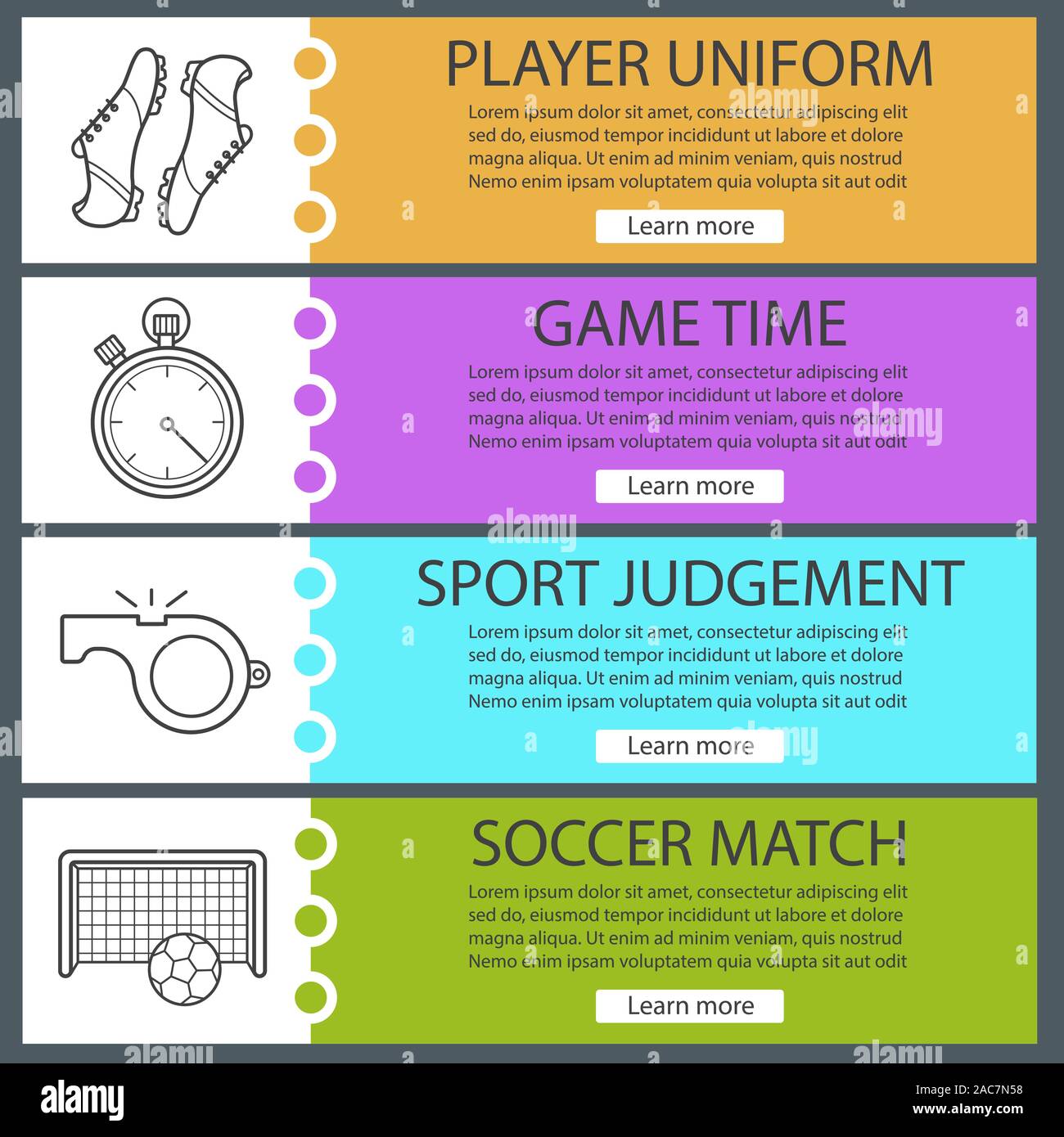 Soccer Modelli delle pagine di intestazione. Facile da modificare. Giocatore di football's stivali, cronometro, fischio palla e cancelli. Sito web di voci di menu con icone lineare. Web a colori Illustrazione Vettoriale