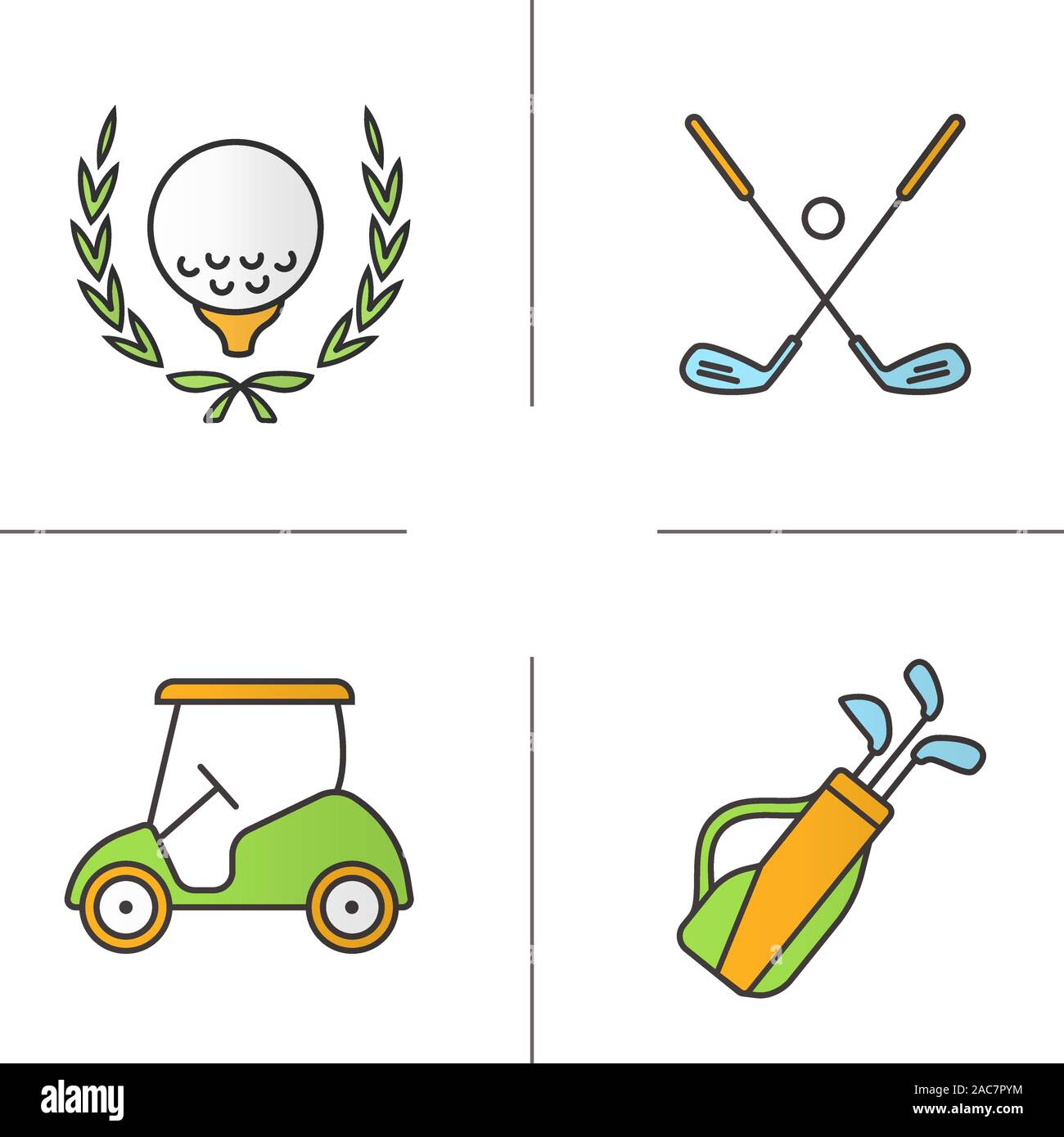 Attrezzatura da golf colore set di icone. Sfera in corona di alloro, attraversato clubs, carrello e borsa. Isolato illustrazioni vettoriali Illustrazione Vettoriale