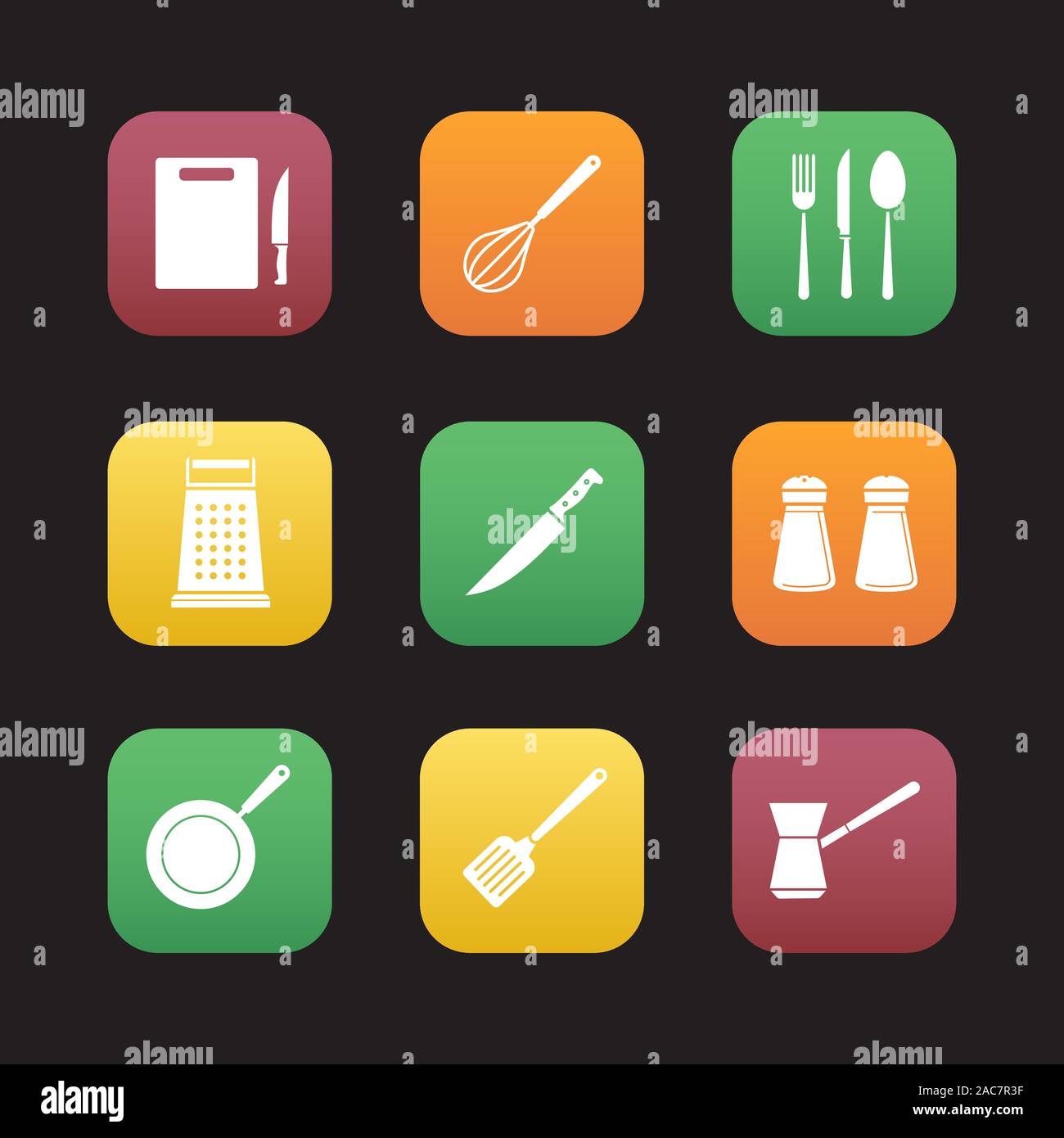 Strumenti di cottura design piatto set di icone. Tagliere, coltello, frusta, argenteria, grattugia, sale e pepe in una padella, spatola, cezve turco. Illustrazione Vettoriale