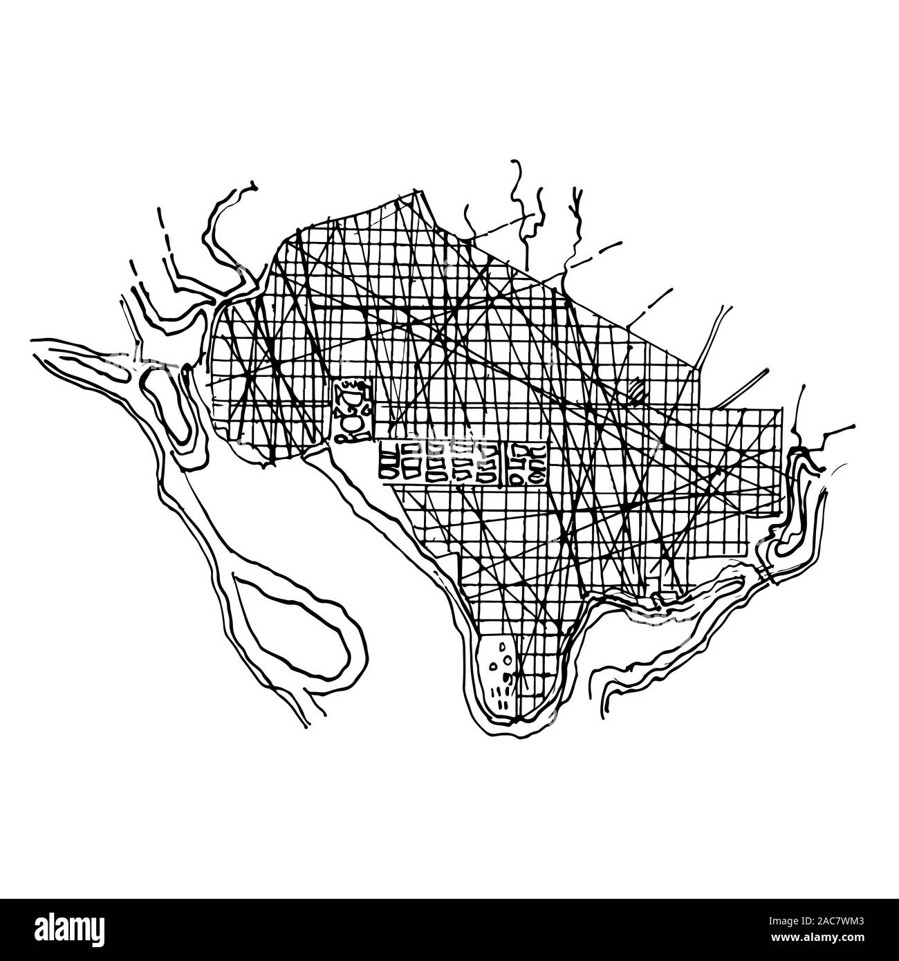 Doodle disegnati a mano mappa. Piano urbano della città, il vecchio villaggio. Mappa stradale. Il futuristico Megalopolis. Città del piano base. Illustrazione Vettoriale. Illustrazione Vettoriale