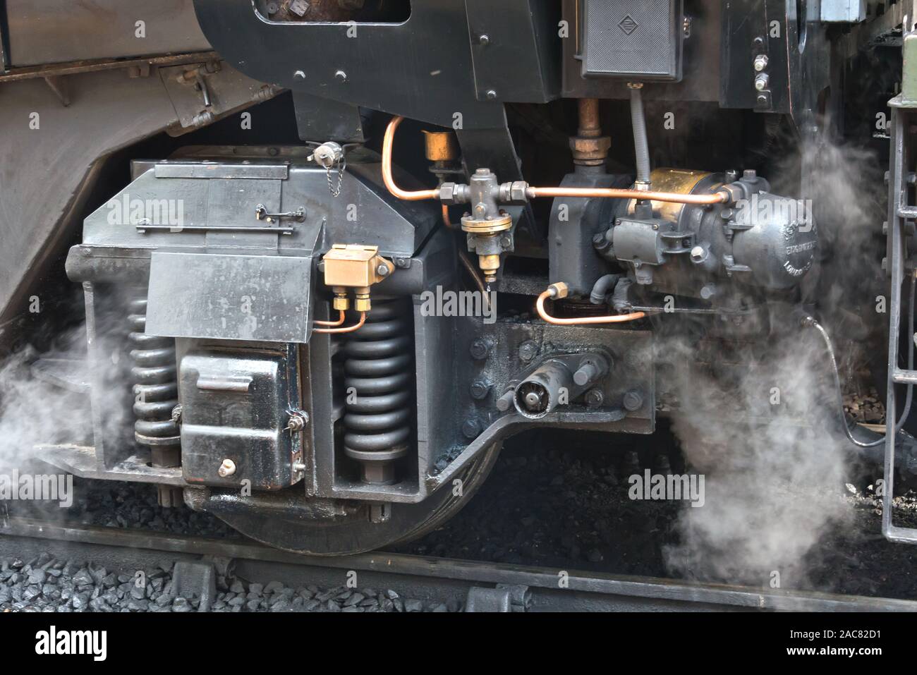 Locomotiva a vapore di classe Battle of Britain 34046 Braunton, che corre come 34052 Lord Dowding sulla West Somerset Railway alla stazione di Bishops Lydeard nel 2018 Foto Stock