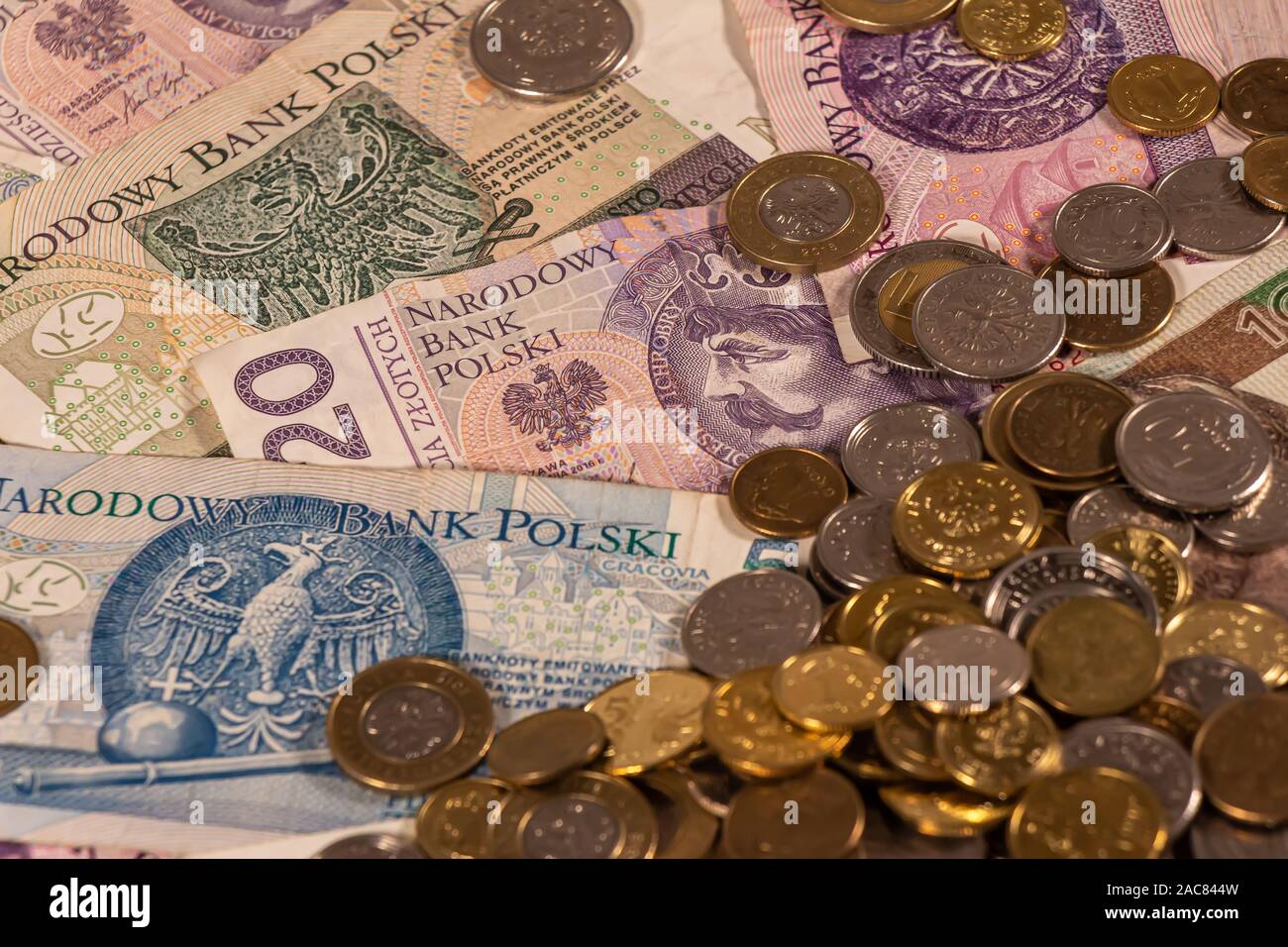 Zloty polacco. PLN banconote e monete che fornisce numerose opzioni per essere usato per illustrare argomenti come business, bancario, media, presentazioni ecc. Foto Stock