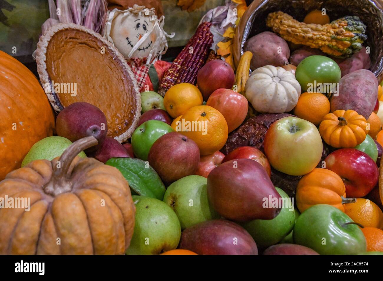 La raccolta autunnale - La caduta dei frutti - autunno ortaggi - rientrano gli alimenti - ringraziamento cornucopia - Mele Pere Meloni Zucche di squash in un display di ringraziamento Foto Stock