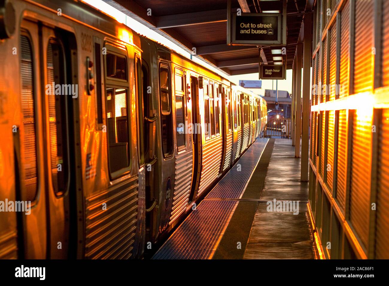 Un treno della Chicago Transit Authority Orange Line arriva alla stazione Ashland Ave di Chicago al tramonto. Foto Stock