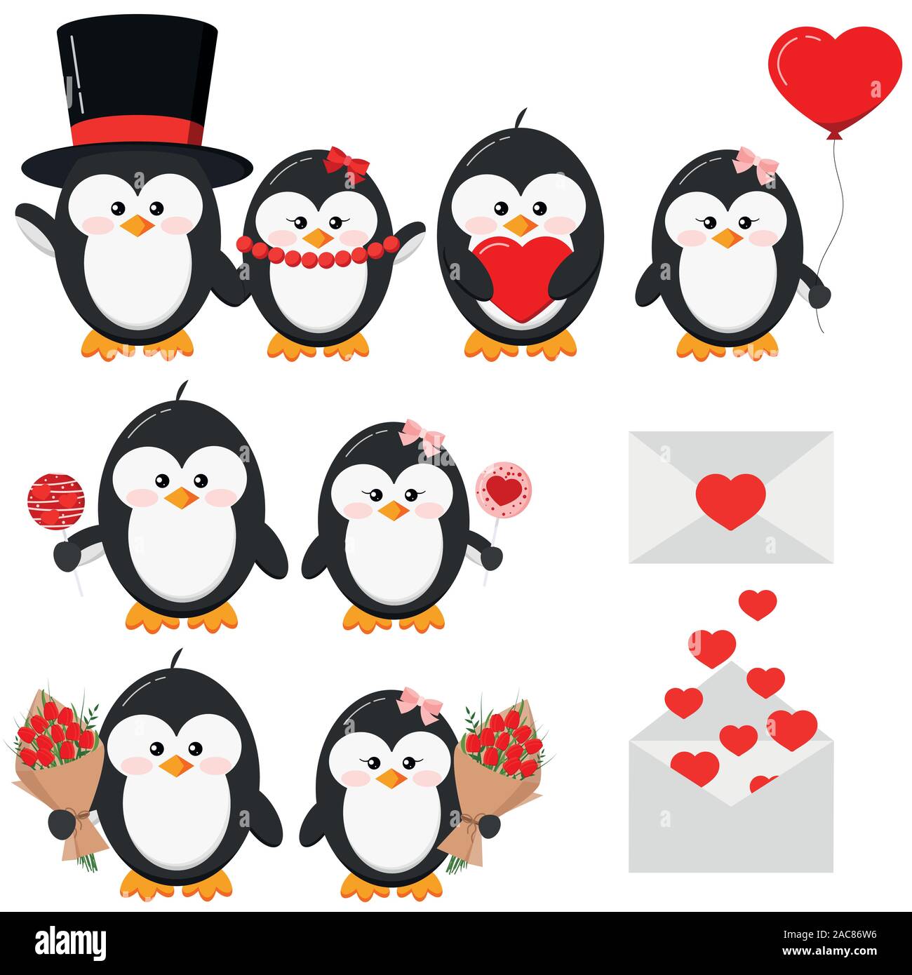 Carino adorabile pinguino un ragazzo e una ragazza giovane in amore impostare isolati su sfondo bianco San Valentino illustrazione vettoriale. Illustrazione Vettoriale