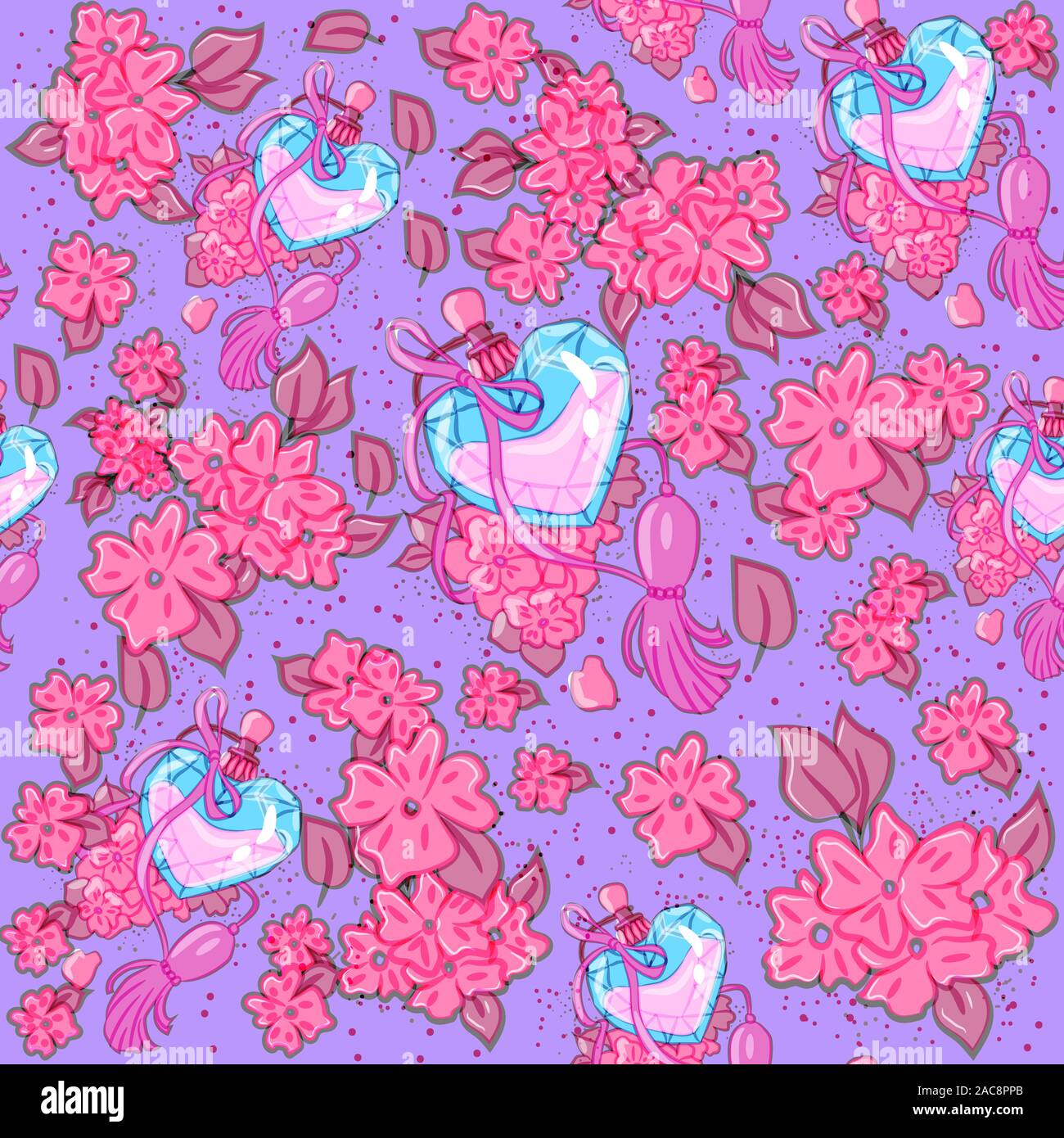 Femminile pattern seamless piena di neon fiori di ciliegio incandescente e fioritura. Rosa bottiglie di profumo di cristallo e la molla piante da giardino. Illustrazione Vettoriale
