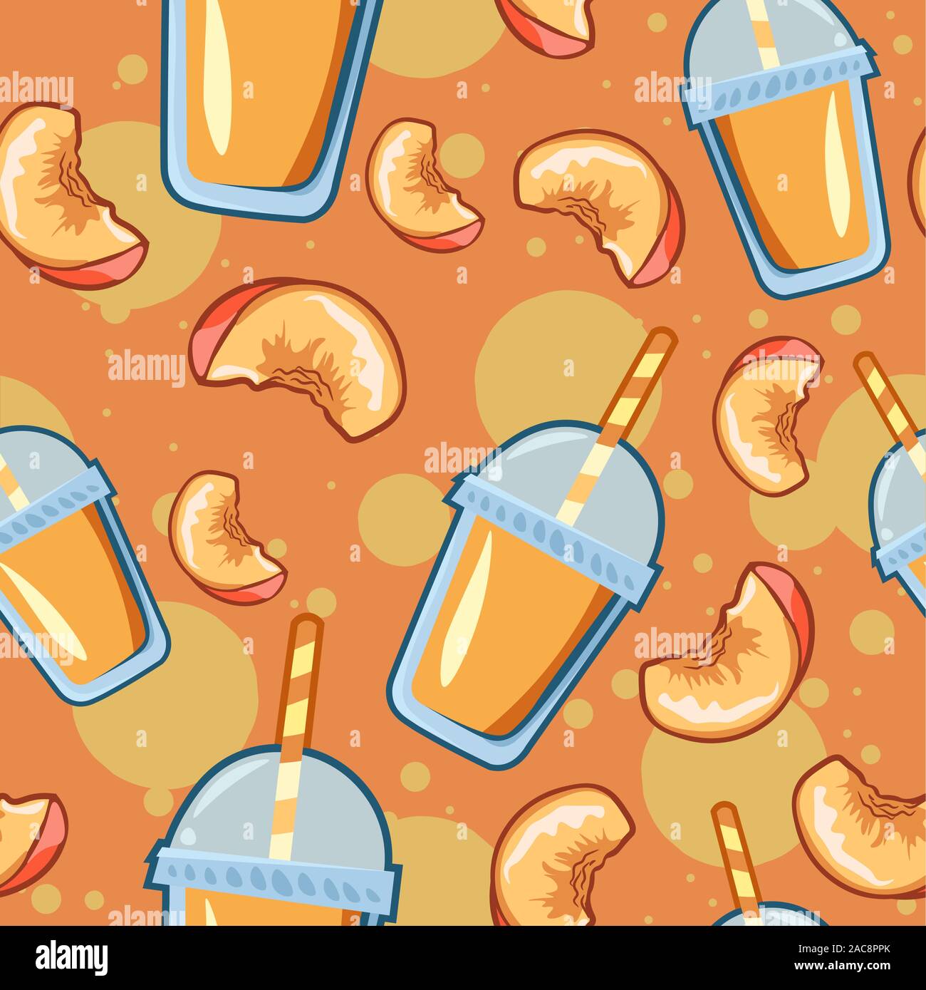 Fette di pesche e albicocche succo in un bicchiere di plastica con paglia seamless pattern. Estate sfondo ripetitivi con frutta fresca bevanda Illustrazione Vettoriale