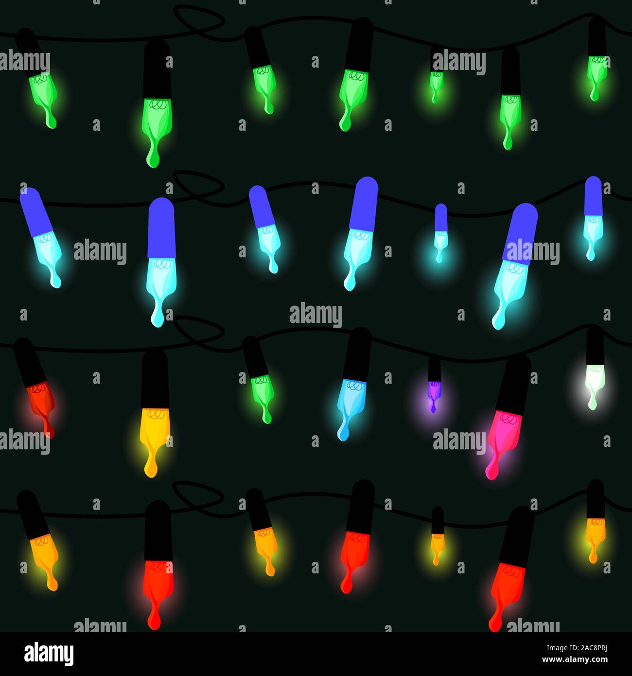 Confine con le luci di Natale incandescente in diversi colori, seamless pattern. Sfondo ripetitiva per vacanze invernali. Illustrazione Vettoriale