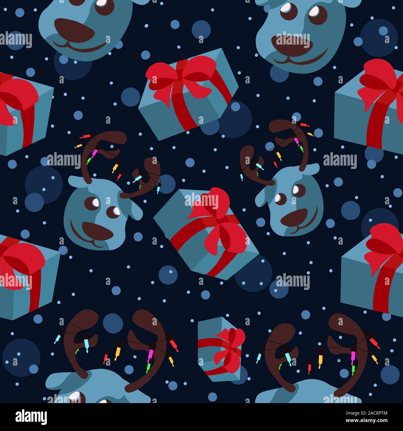Blu testa di renne con presenta con fiocco e nastro, seamless pattern. Sfondo ripetitivi con la luce di Natale decorazioni e la caduta della neve, inverno Illustrazione Vettoriale