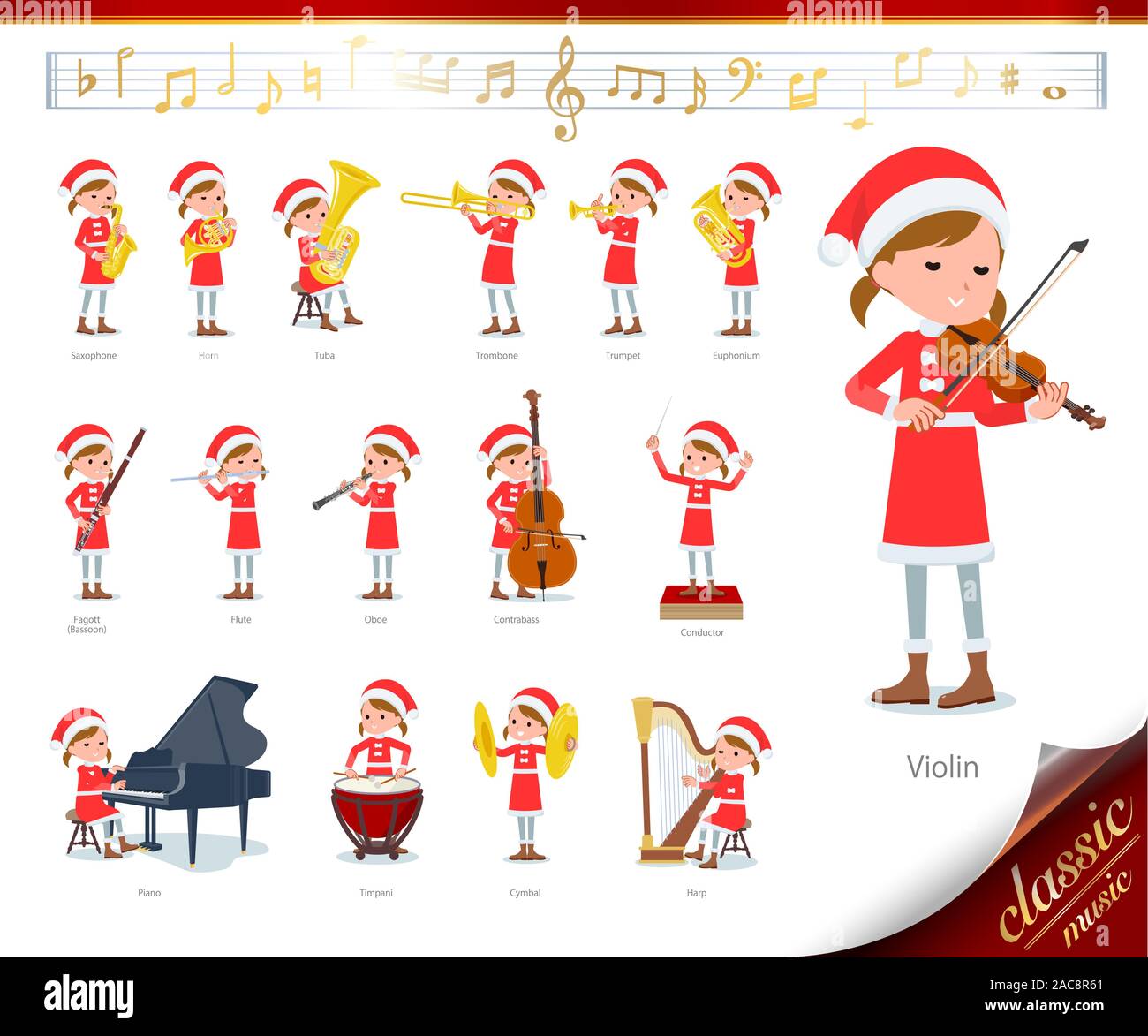 Set di Santa Claus costume ragazza di spettacoli di musica classica.Ci sono le azioni da svolgere vari strumenti come gli strumenti a corda e vento ins Illustrazione Vettoriale