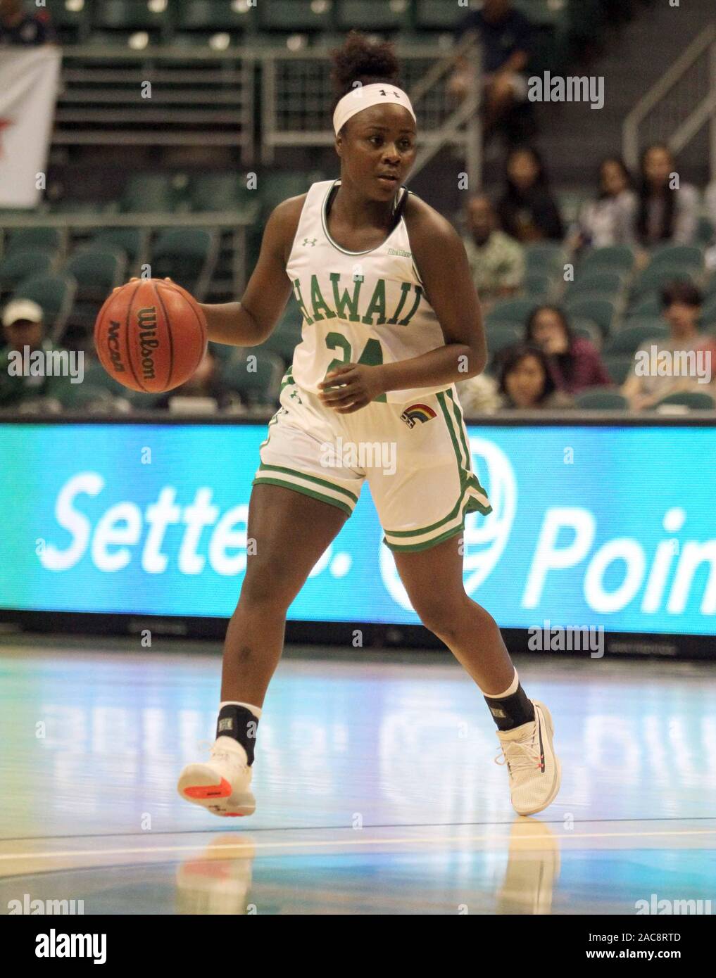 1 dicembre 2019 - Hawai'i Rainbow Wahine guard Nae Nae Calhoun #24 durante un gioco tra le Hawai'i Rainbow Wahine e il Texas Longhorns a Stan Sheriff Center di Honolulu, HI - Michael Sullivan/CSM. Foto Stock