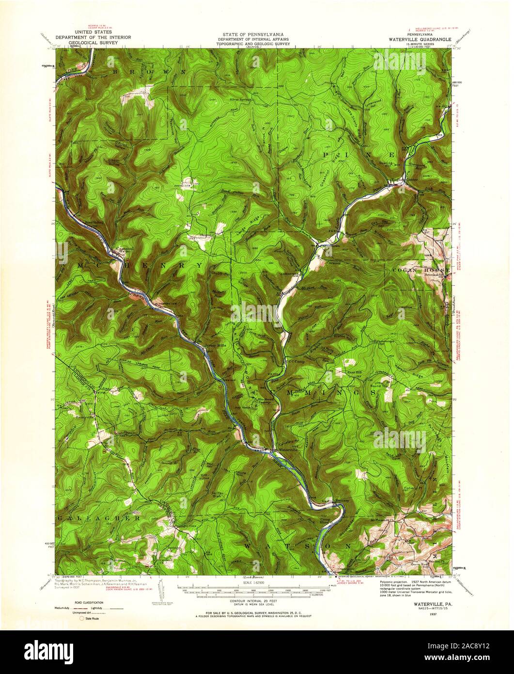 USGS TOPO Map Pennsylvania PA Waterville 222409 1937 62500 Restauro Foto Stock