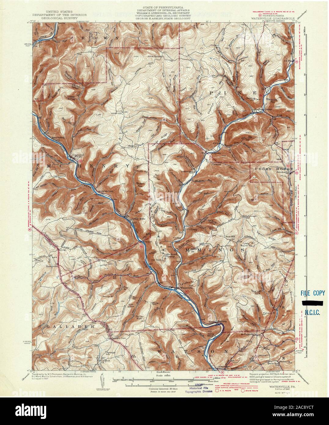 USGS TOPO Map Pennsylvania PA Waterville 222414 1943 62500 Restauro Foto Stock