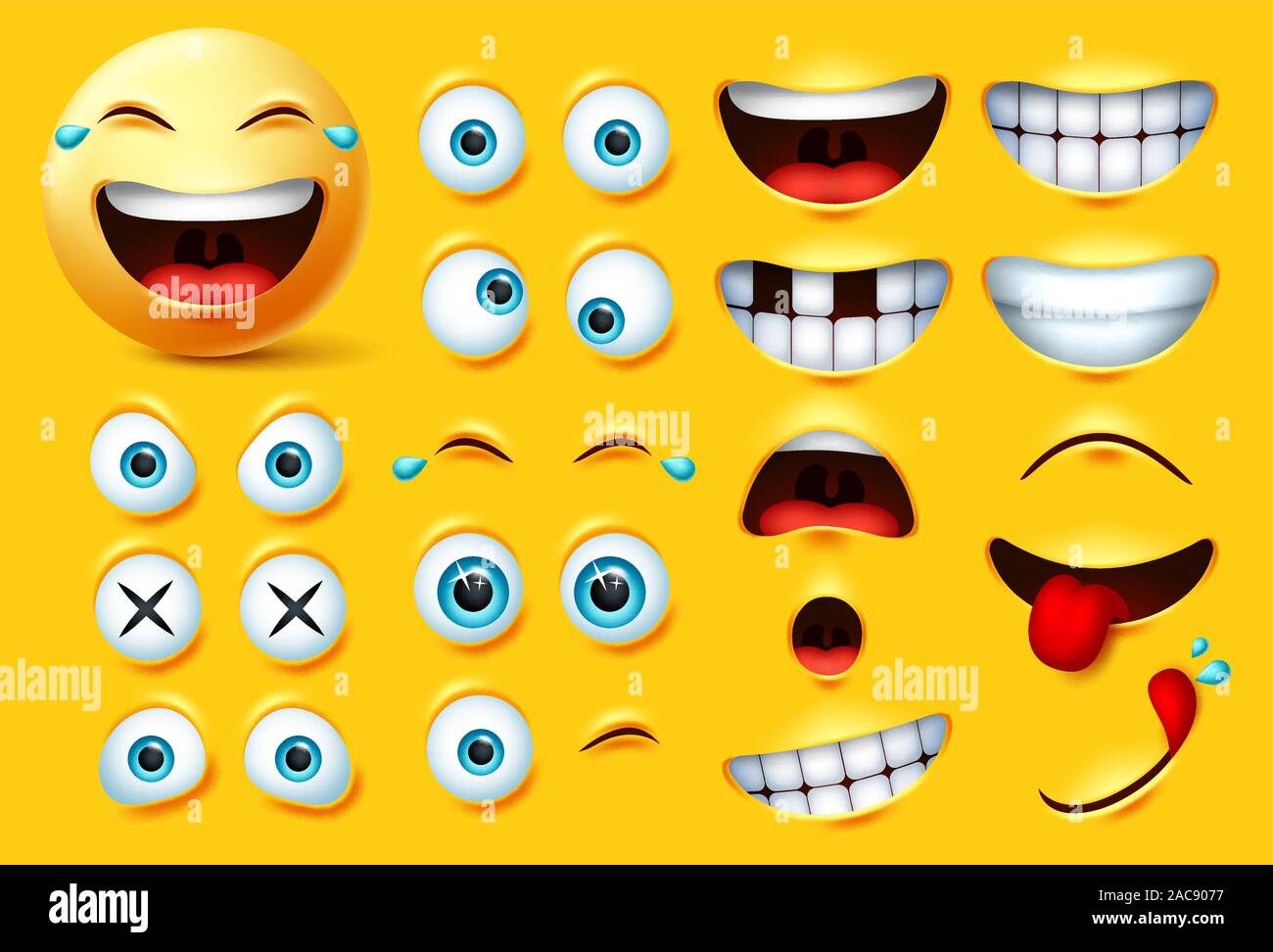 Smiley emoji kit per la creazione di set di vettore. Smiley emoticon e emojis kit viso gli occhi e la bocca a sorpresa, eccitati, affamati e divertente sentimenti isolato. Illustrazione Vettoriale