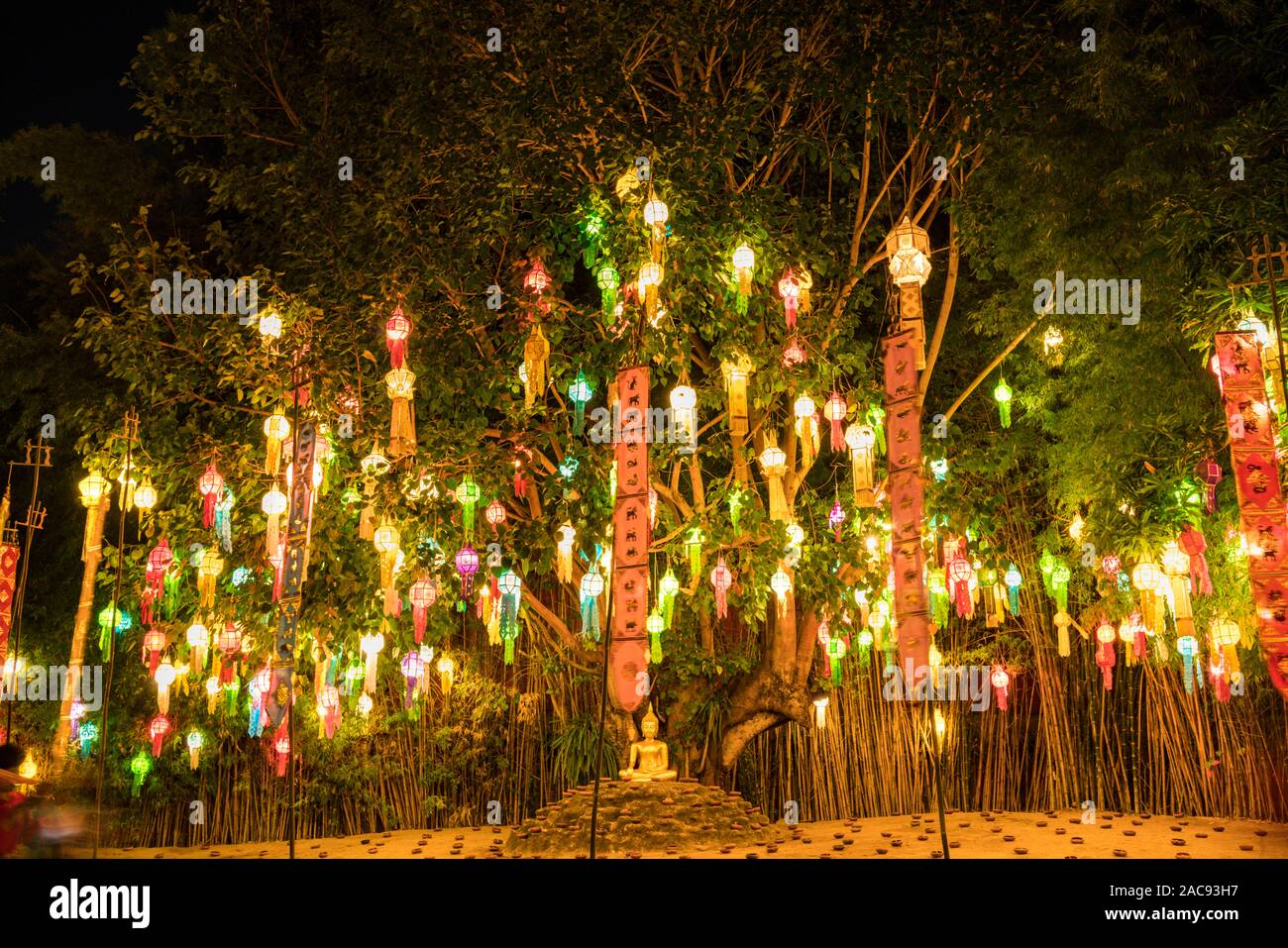Capodanno cerimonia di notte con lanterne e la statua del Buddha al tempio  buddista in Chiang Mai Thailandia Foto stock - Alamy