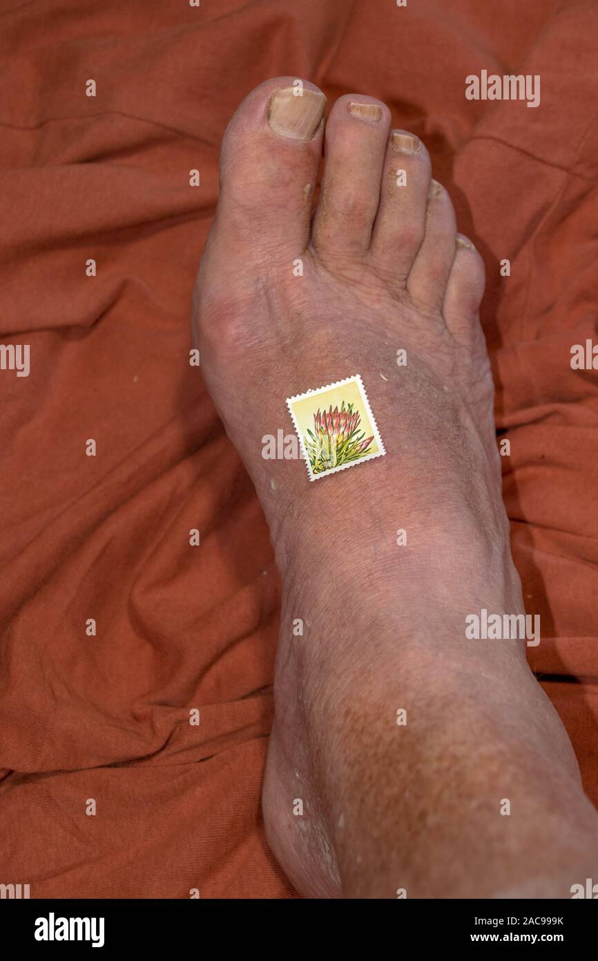 Un francobollo incollato ad un maschio caucasico piedi immagine in formato verticale con spazio di copia Foto Stock
