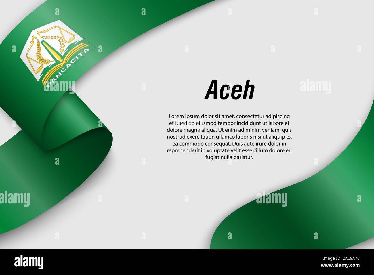 Sventolando in nastro o banner con bandiera di Aceh. Provincia dell Indonesia. Modello per la progettazione di poster Illustrazione Vettoriale