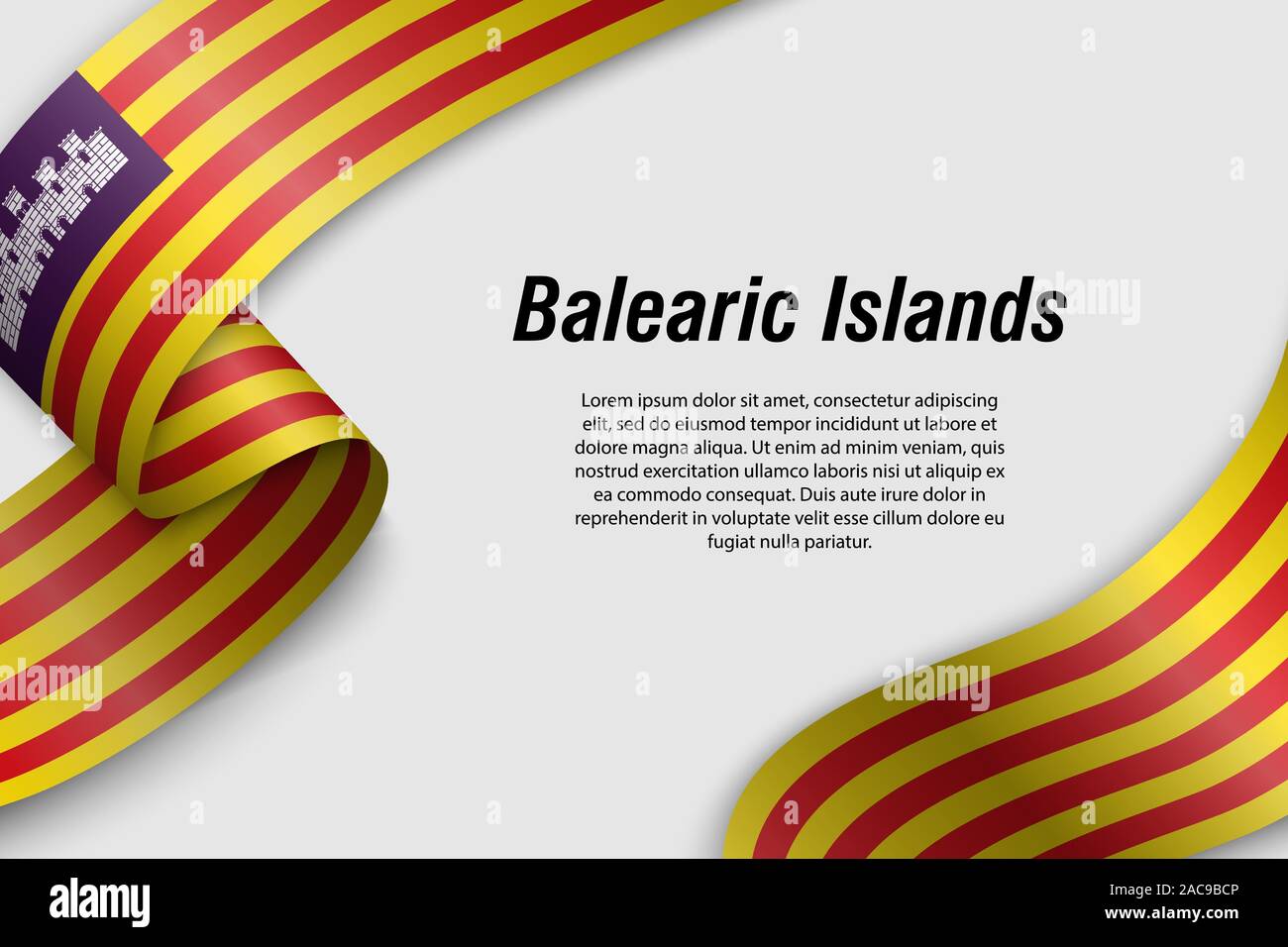 Sventolando in nastro o banner con bandiera delle isole Baleari. Comunità di Spagna. Modello per la progettazione di poster Illustrazione Vettoriale