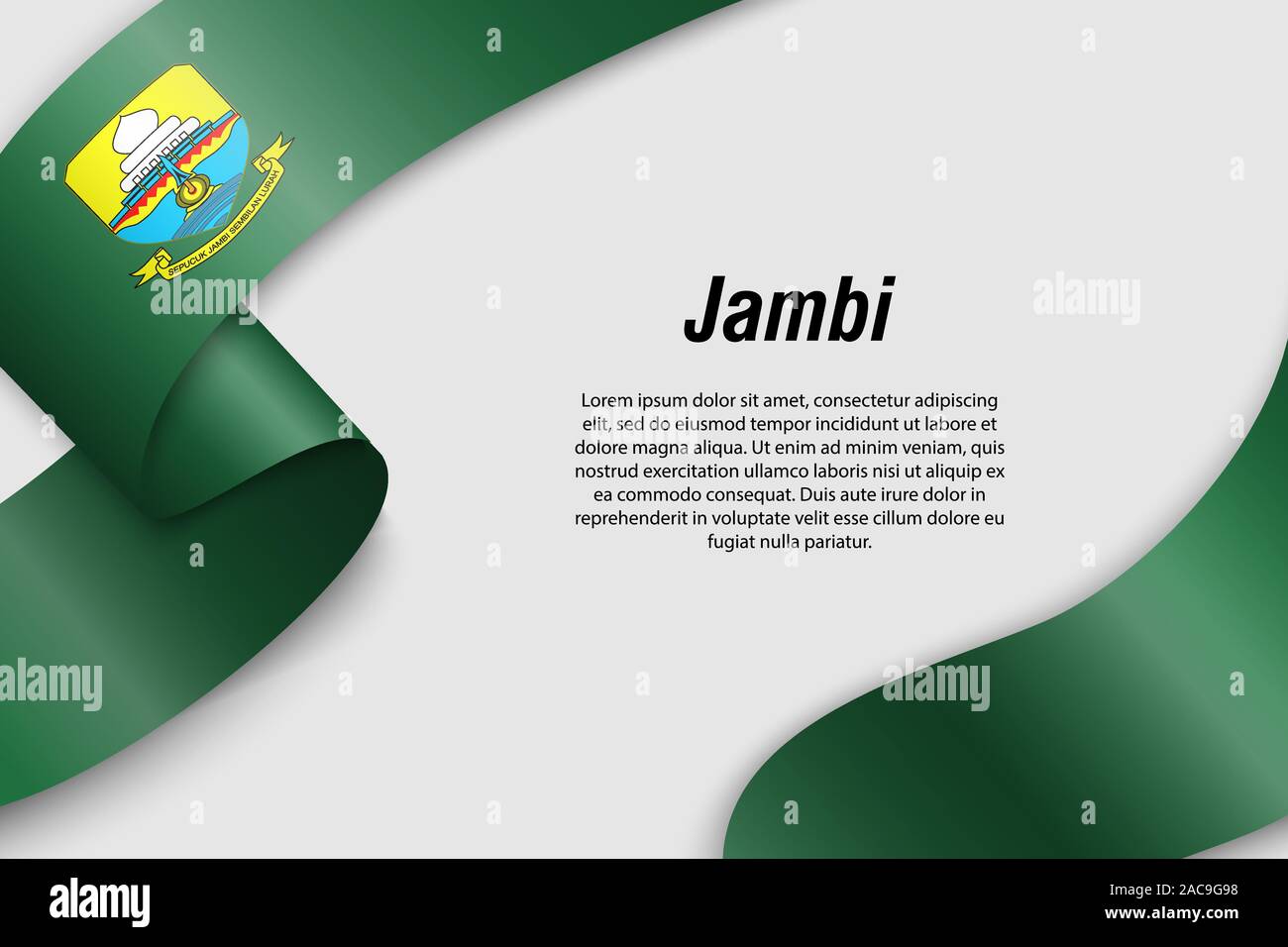 Sventolando in nastro o banner con bandiera di Jambi. Provincia dell Indonesia. Modello per la progettazione di poster Illustrazione Vettoriale