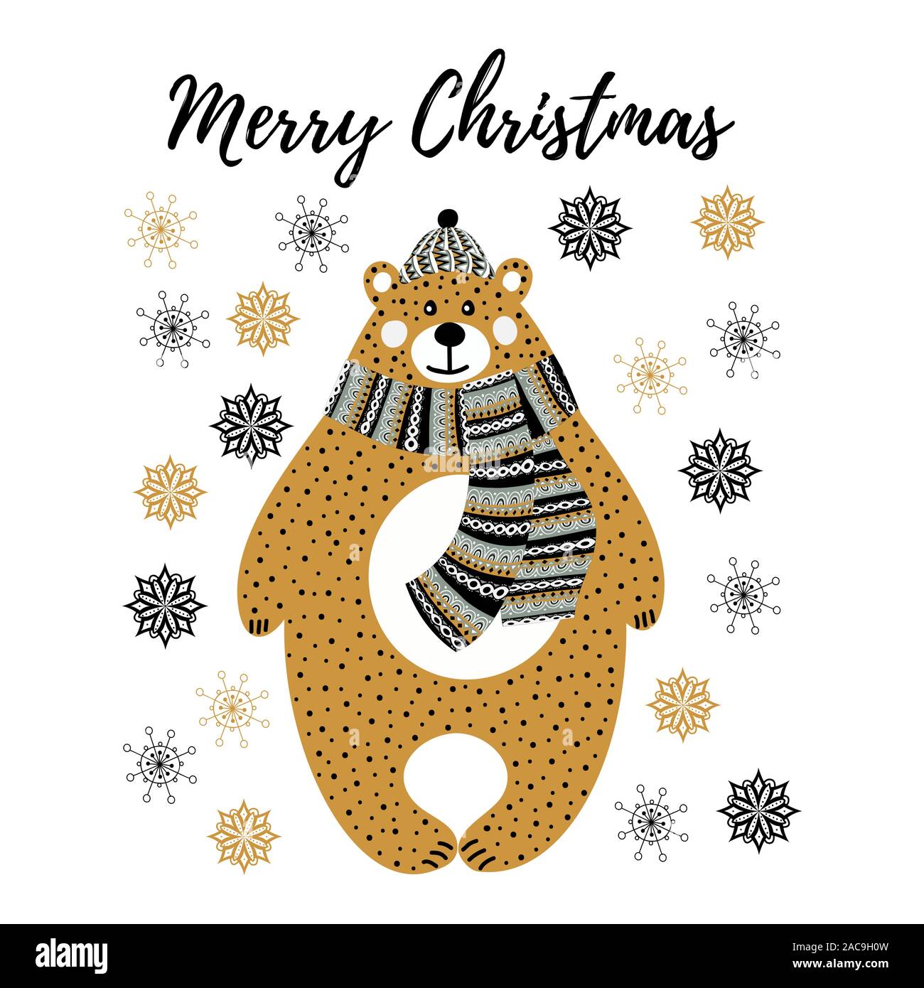 Vettore d'arte monocromatica illustrazione di Natale con il cartoon Orso e i fiocchi di neve su sfondo bianco. Artwork per uso in schede di progettazione o poster di Illustrazione Vettoriale