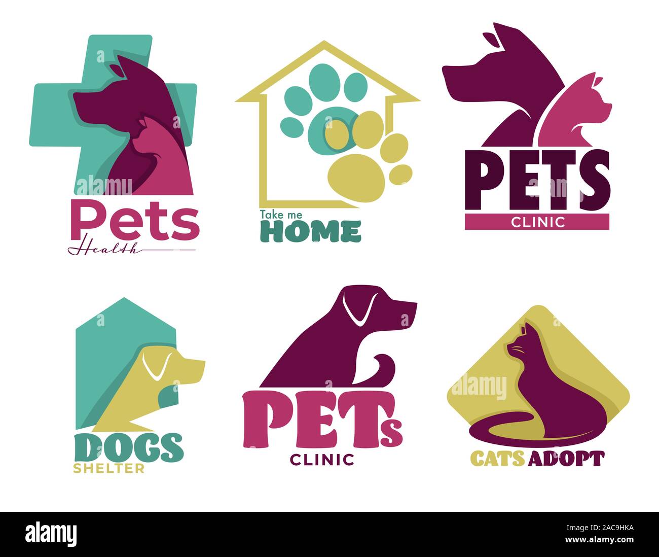 Animali domestici vet clinic e rifugio isolato le icone del cane e del gatto Illustrazione Vettoriale