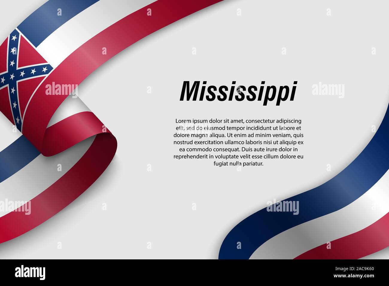 Sventolando in nastro o banner con bandiera del Mississippi. Stato degli Stati Uniti d'America. Modello per la progettazione di poster Illustrazione Vettoriale