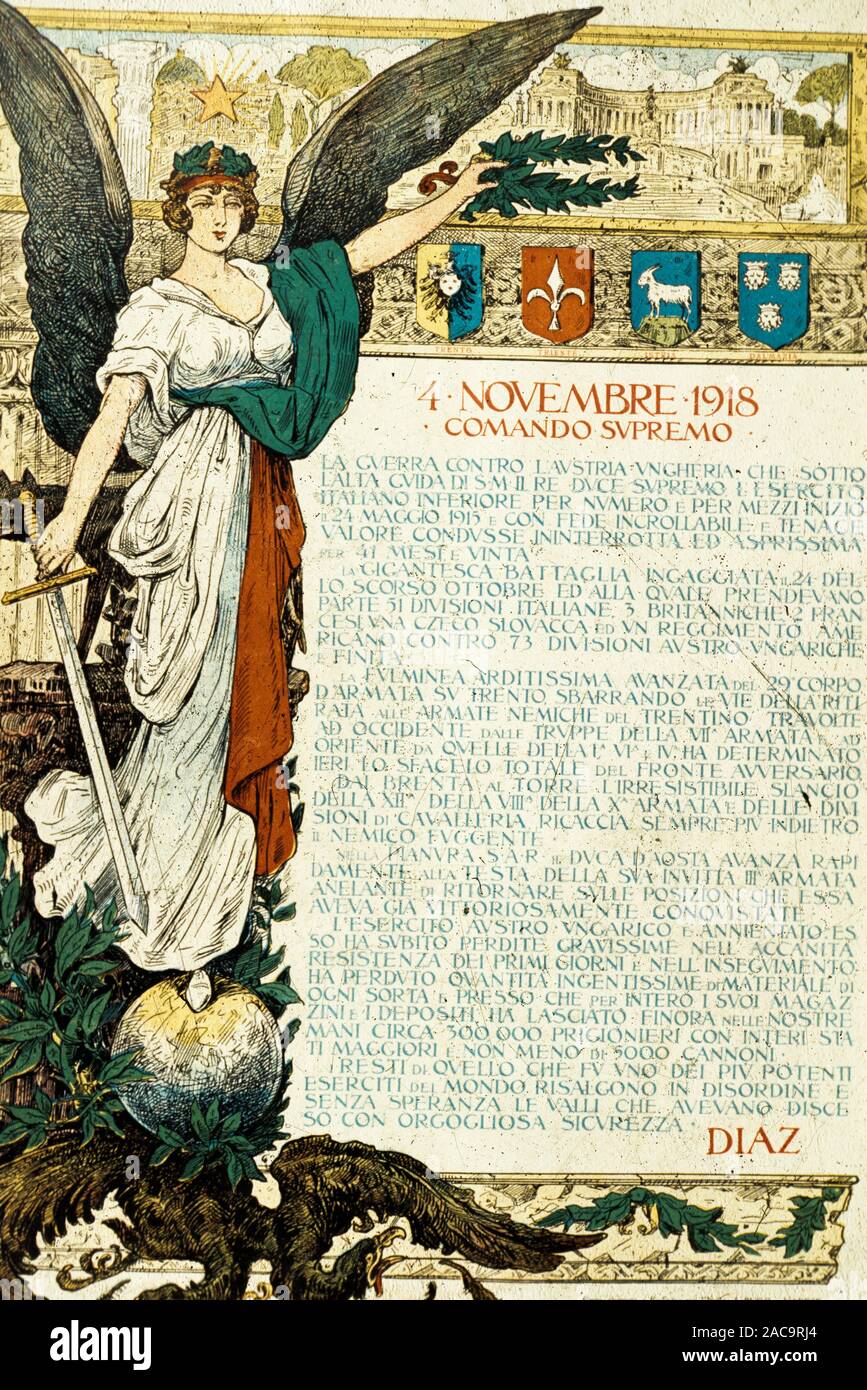 4 novembre 1918, comando supremo bollettino della vittoria, il documento ufficiale con cui il generale Armando Diaz ha annunciato, 4 novembre 1918, la rinuncia dell'Impero Austro-ungarico e la vittoria di Italia nella prima guerra mondiale Foto Stock
