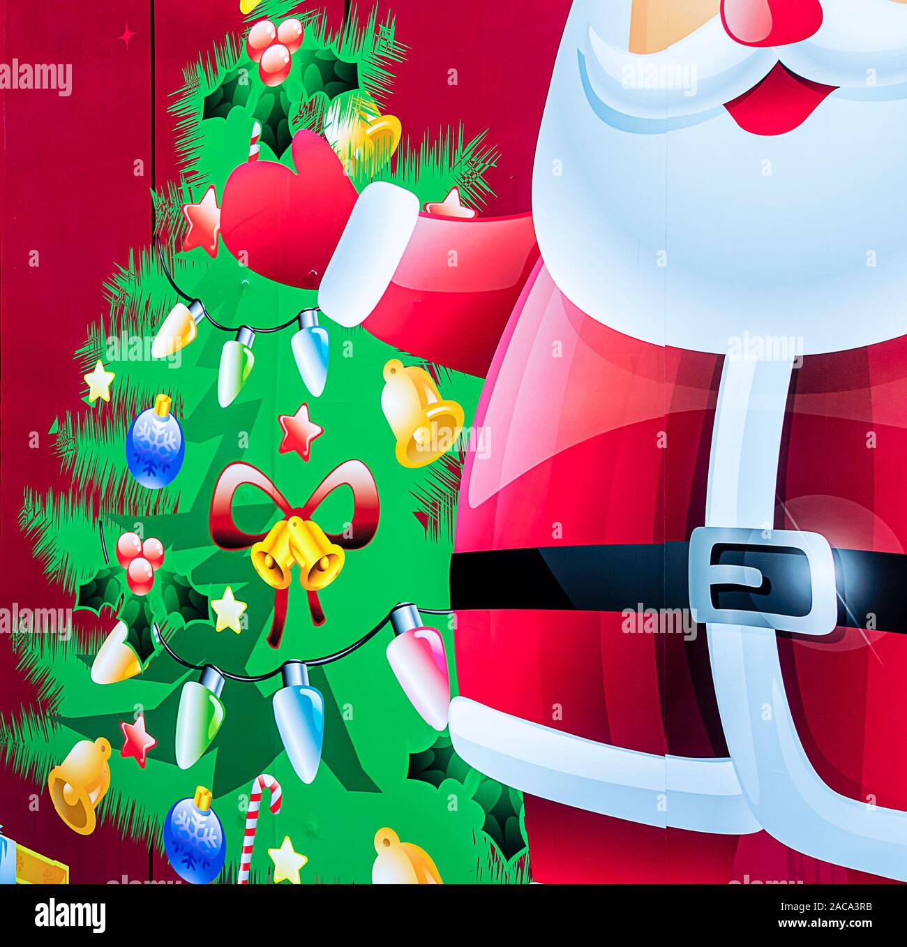 Colorato sfondo di Natale con Babbo Natale e albero di Natale. Foto Stock