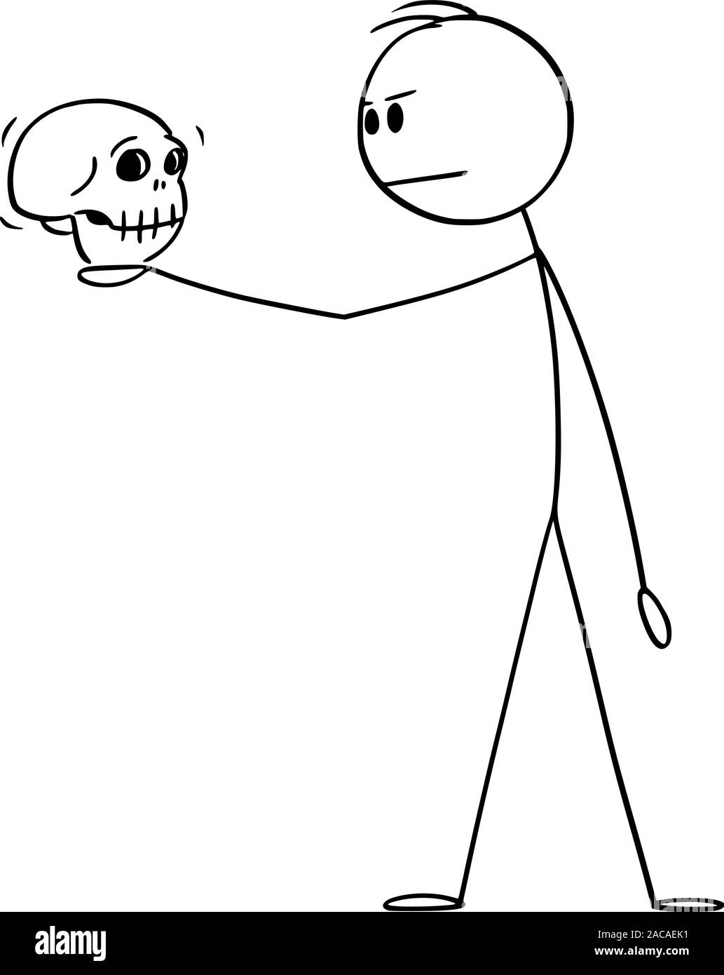 Vector cartoon stick figura disegno illustrazione concettuale dell'uomo in posa drammatica holding teschio umano. Attore la riproduzione di frazione di William Shakespeare tragedia. Illustrazione Vettoriale