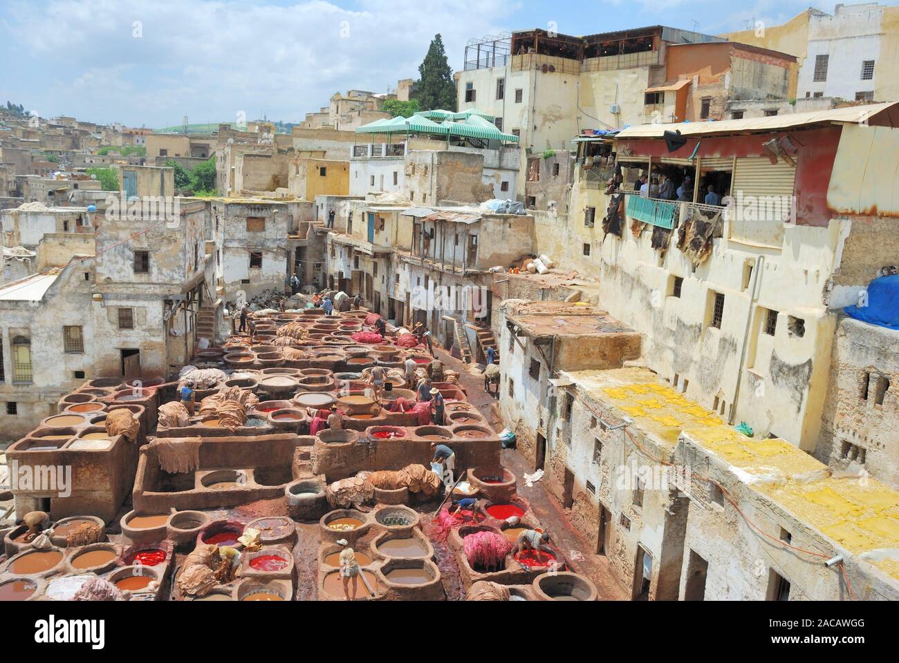 Chuwwara conciatori, il distretto concia nella Medina di Fez el-Bali, Fez, in Marocco, Africa Foto Stock